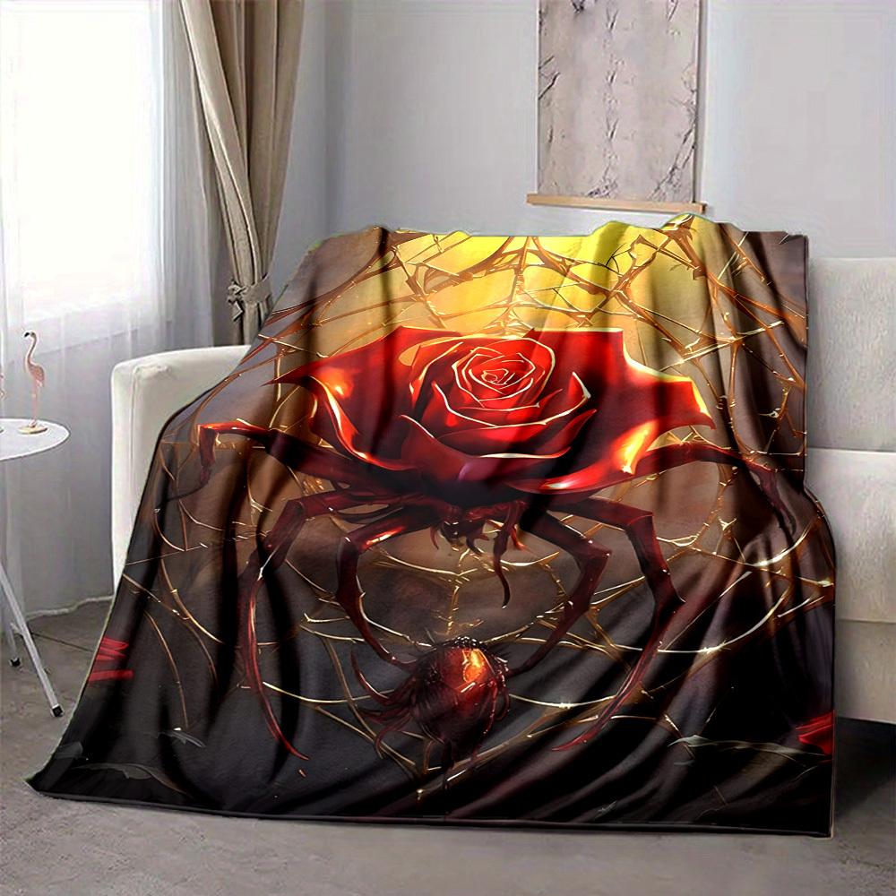 1pc Rose Spider Print Blanket - Lightweight Flannel Throw Blanket For Sofa, Bed, Living Room, Office, Outdoor Travel, Camping, Soft All-Season Throw