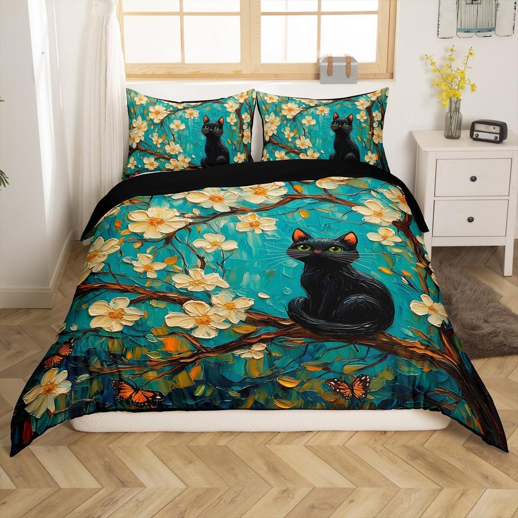 Cartoon Black Cat Duvet Cover Set Queen Size Cute Kawaii Kids Girls Comforter Cover Set Animals Quilt Covers With 2 Pillowcases