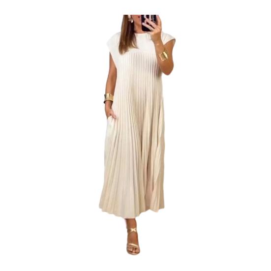 Women s Summer Sleeveless Midi Dress Pleated A Line Casual Crewneck Swing Dress Flowy Long Party Dress S бежевый