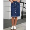 2025 Elegante Stretch Denim Rok met Rafelige Zoom en Meerdere Knoopjes