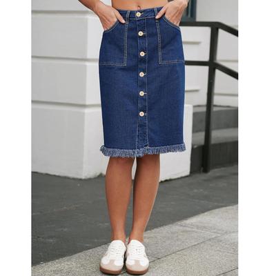 2025 Elegant Stretch Denim Skirt with Frayed Hem and Multi-Button Design