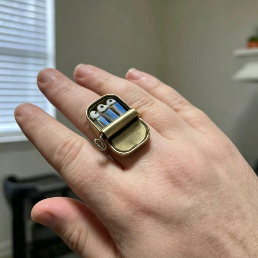 Unique Sardines Finger Ring Gold Silver Fun Rings Fashionable Sardine Can Rings  Women Men