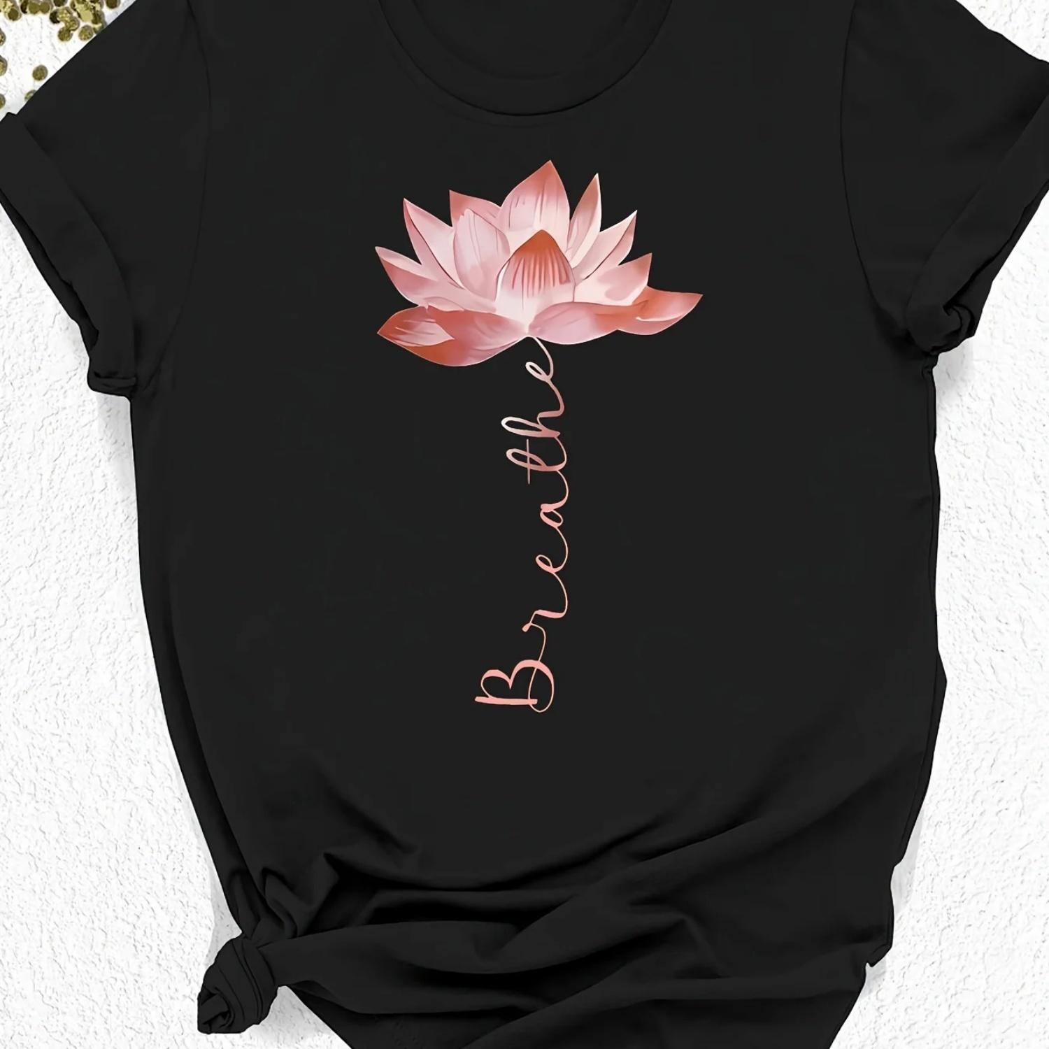 

Plus Size Lotus Graphic Print T-shirt Short Sleeve Crew Neck Casual Top For Summer & Spring s Plus Size Clothing S чёрный