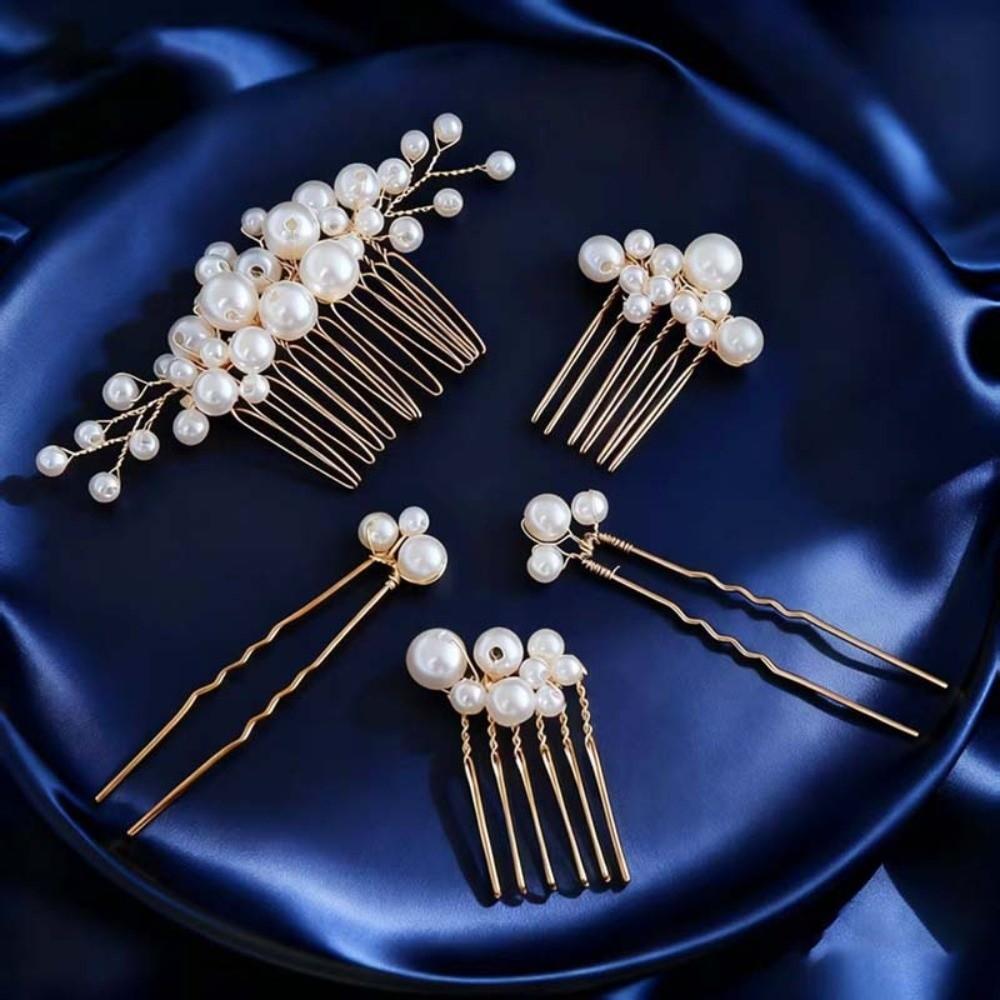 Gold Pearl Hair Comb Flower Wedding Headwear Luxury Hair Fork Headpiece