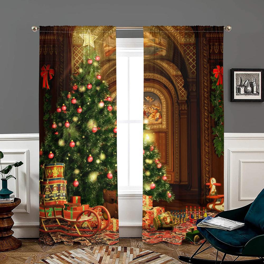 2 Pieces, Christmas Tree Winter Gift Toy Curtains -30% Blackout - Suitable for Living Room, Bedroom, Kitchen, Home Decoration