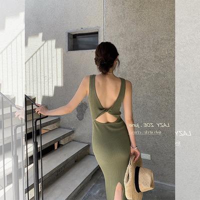 Vestito in Maglia Minimalista Senza Schiena da Donna Estate SS Maglia Liscia Senza Maniche Vestito Bodycon Tank Aderente Sexy Senza Maniche