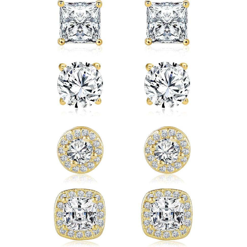 Hypoallergenic Silver Stud Earrings for Women Cubic Zirconia Halo Round Heart Square Diamond Large Silver Stud Set Earring