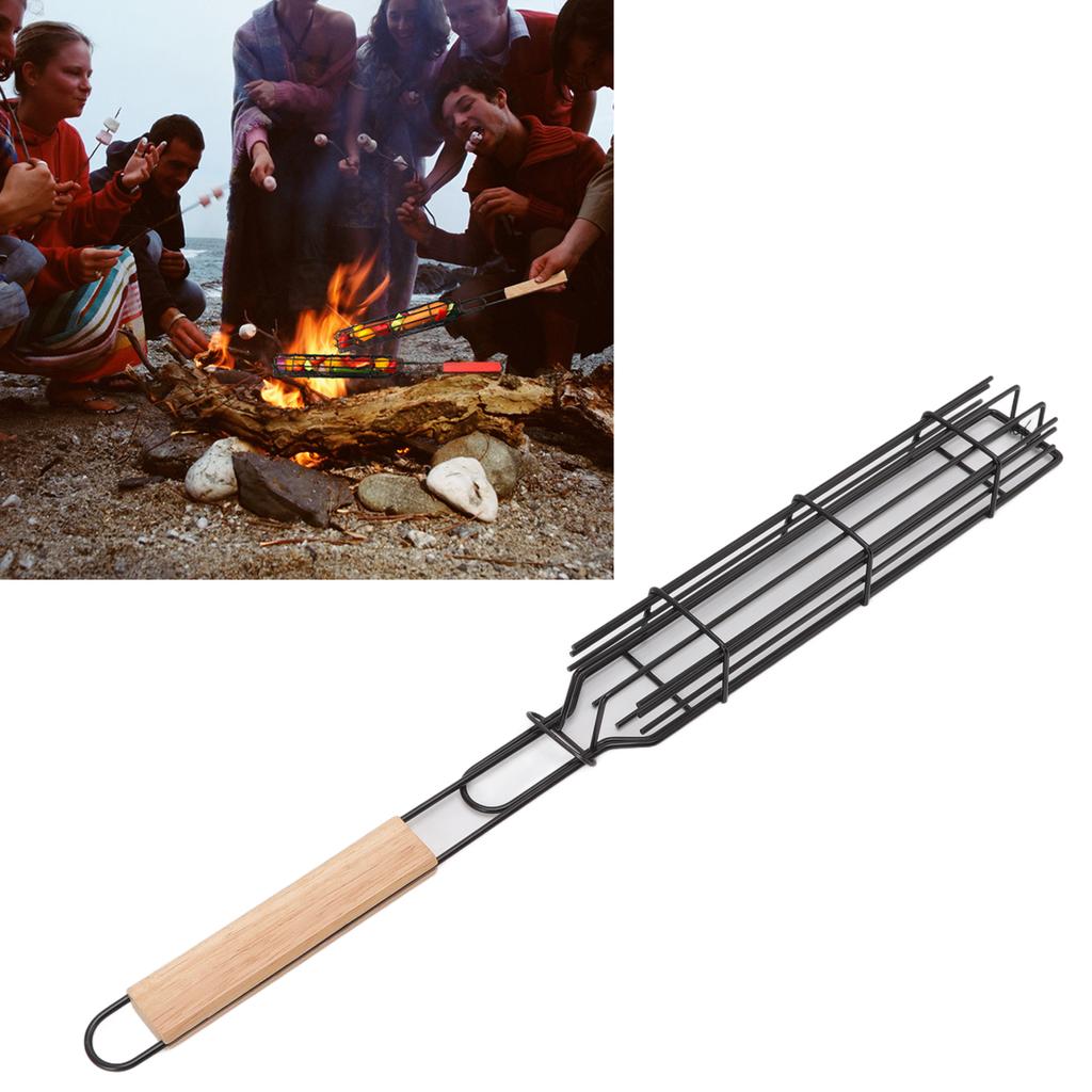 Kabob Grilling Baskets Lockable Iron Kebab Grill Grate with Wooden Handle for Grilling Vegetables Hot Dog Meat