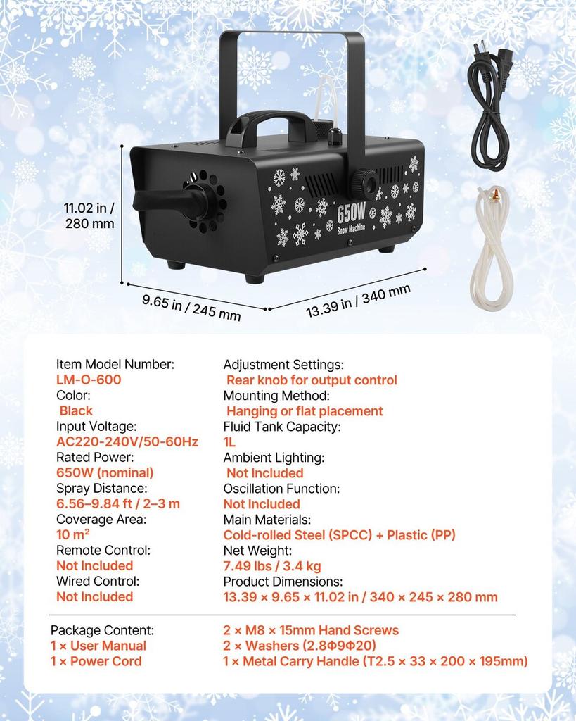 Snow Machine, Powerful 650W Handheld/Hanging Fake Snow Maker, Snowflake Making Machine with Portable Handle, Outdoor & Indoor Artificial Snowflake