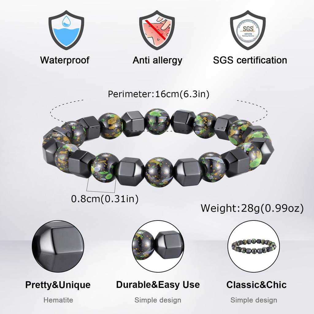 Xiaomi Vnox Natural Stone Beaded Bracelet for Men Women, Black Hematite Stretch Bangle Fashion Jewelry Gift for Him Her Daily Wear