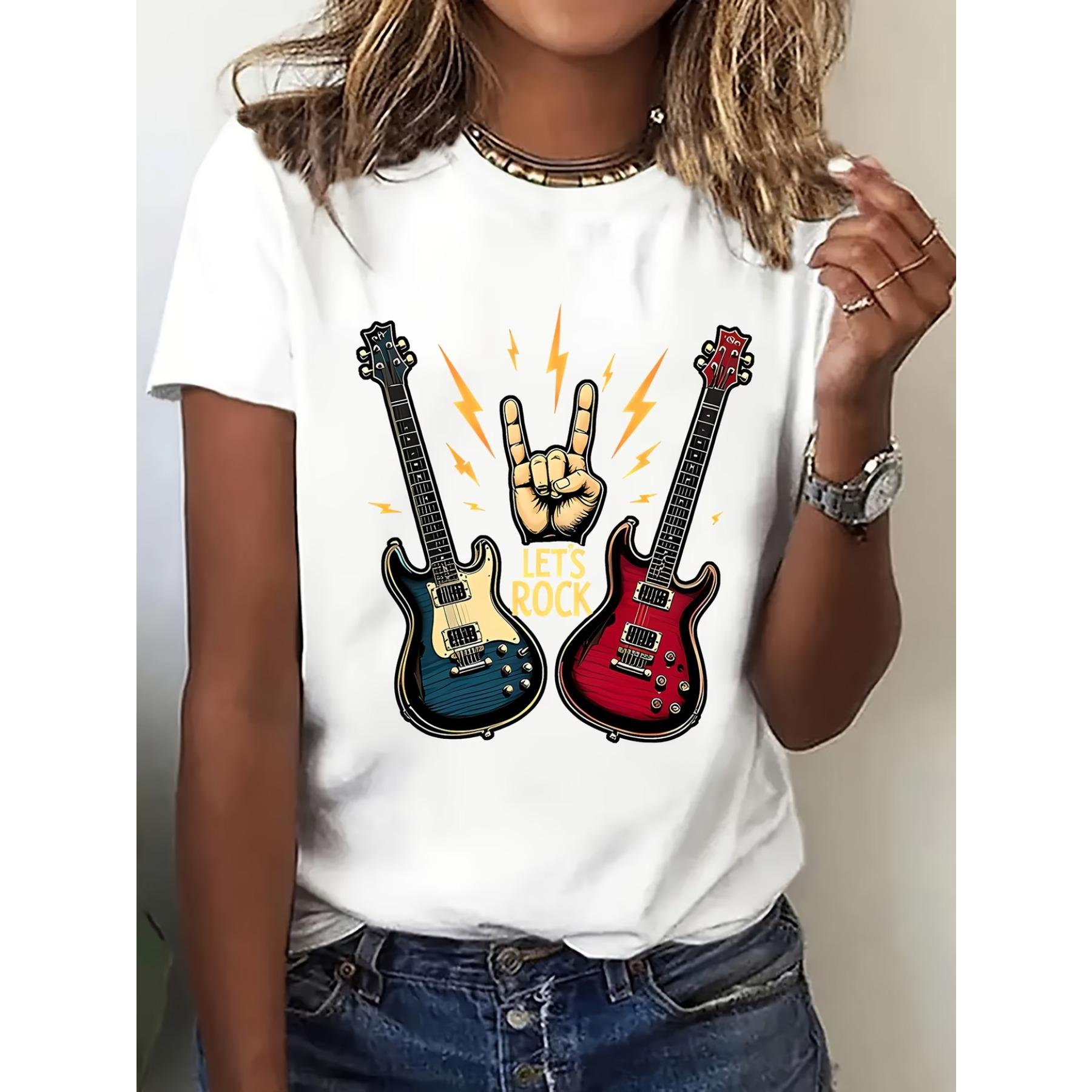 Dames T-shirt met korte mouwen, Rockgitaar Design | Casual Ronde Hals, Comfortabele Stof met Gemiddelde Stretch L wit