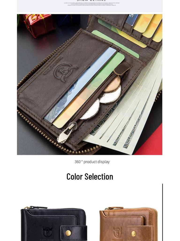 Cowhide Zipper Wallet with Multi-Card Slots, Anti-Theft Brush, Money Clip, and Photo Album