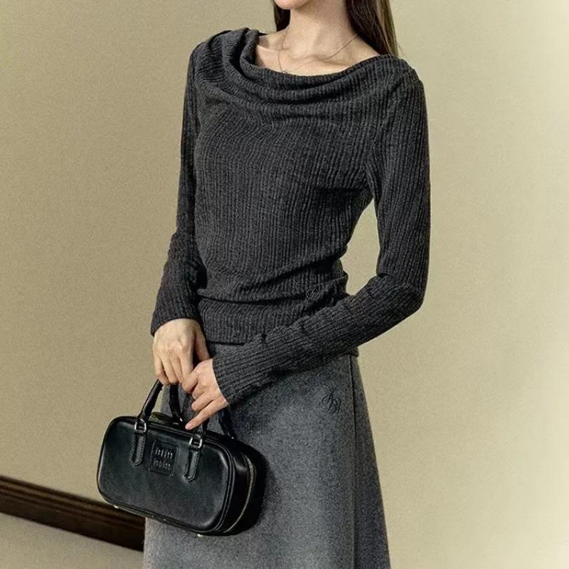 Women Dark Gray Cowl Neck Ribbed Long Sleeve Knit Top S серый