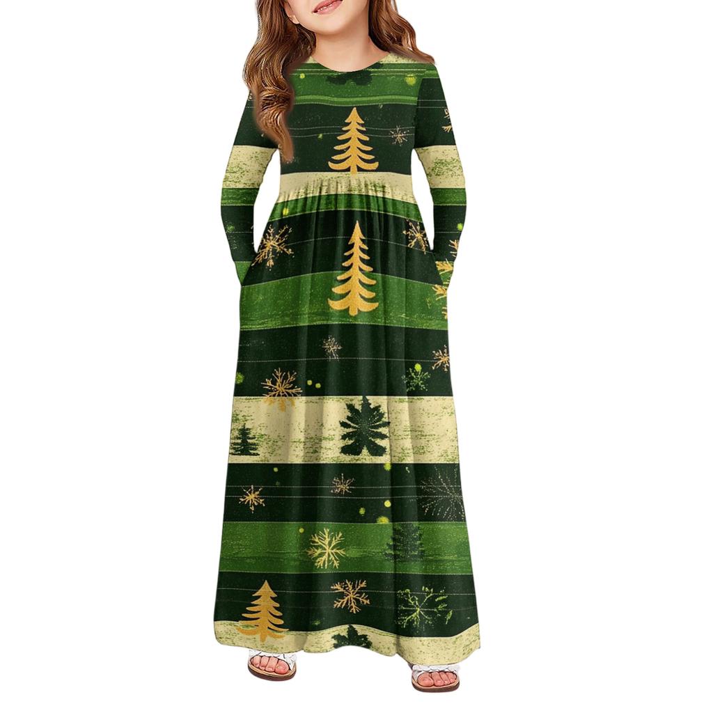 Girls' Maxi Dress - Long Sleeve Pocket Dress Christmas Day