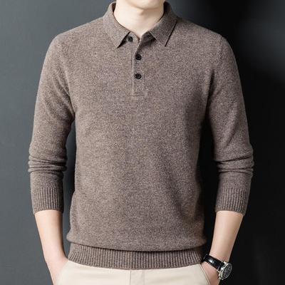 Herren Pullover 100% Reine Wolle mit 9-Nadel-Strick und Revers, 430g Verdickt, Basisschicht für mittleres Alter, Business Casual, Glattstrick.