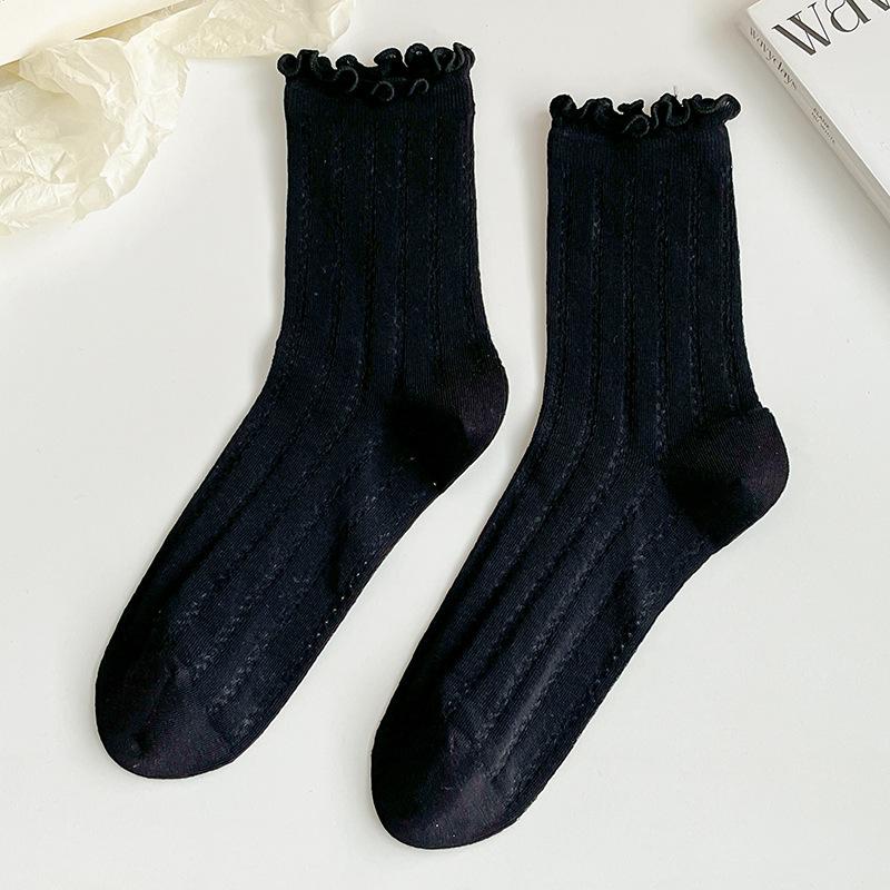 

Pure Cotton Socks - Children s Mid-length Socks, Solid Color, Mesh Design, Breathable, with Wooden Ear Cuffs and Stacked Design. 1 pair чёрный