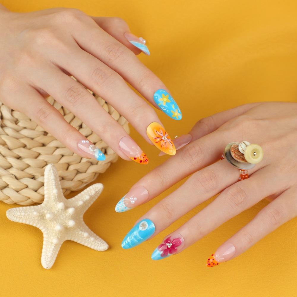 Manicure Long Almond False Nails French Detachable Fake Nails Aurora Press On Nails Women
