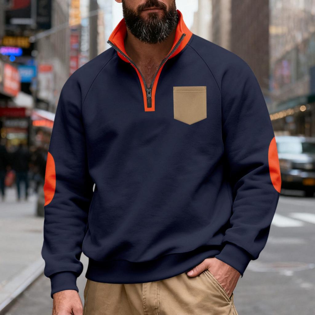 Men's Loose And Casual Two-color Fleece Stand-up Collar Pullover, Half-zipper Long-sleeved Sweatshirt