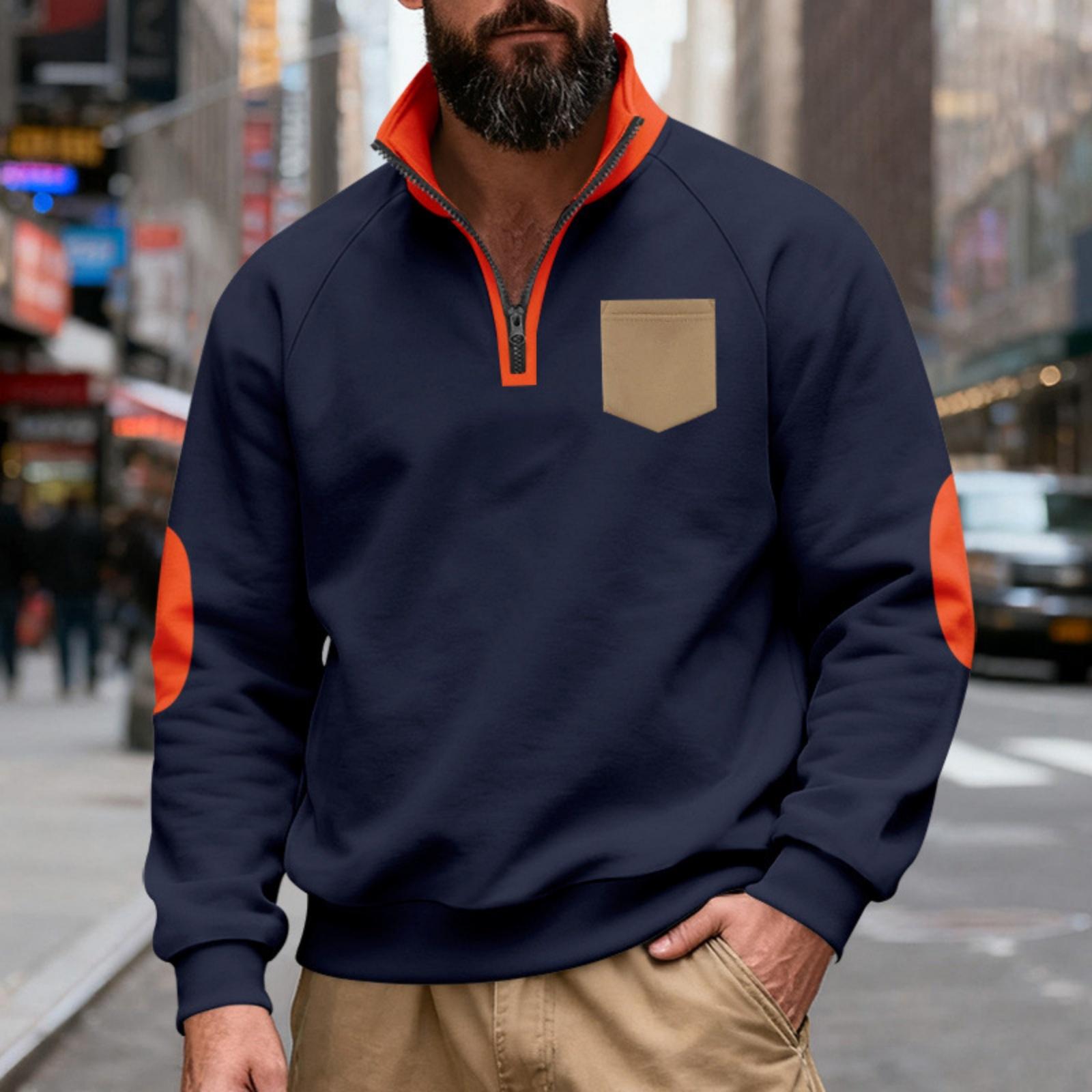 Men s Loose And Casual Two-color Fleece Stand-up Collar Pullover Half-zipper Long-sleeved Sweatshirt XL тёмно-синий 1990₽