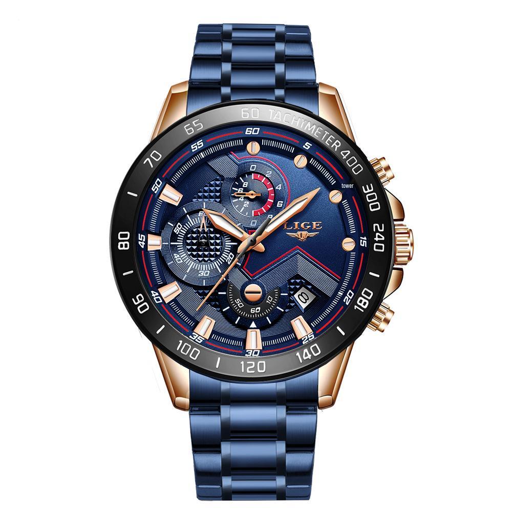 LIGE Men s Multifunctional Quartz Chronograph Watch with Three Subdials, Six Hands, and Waterproof Design.