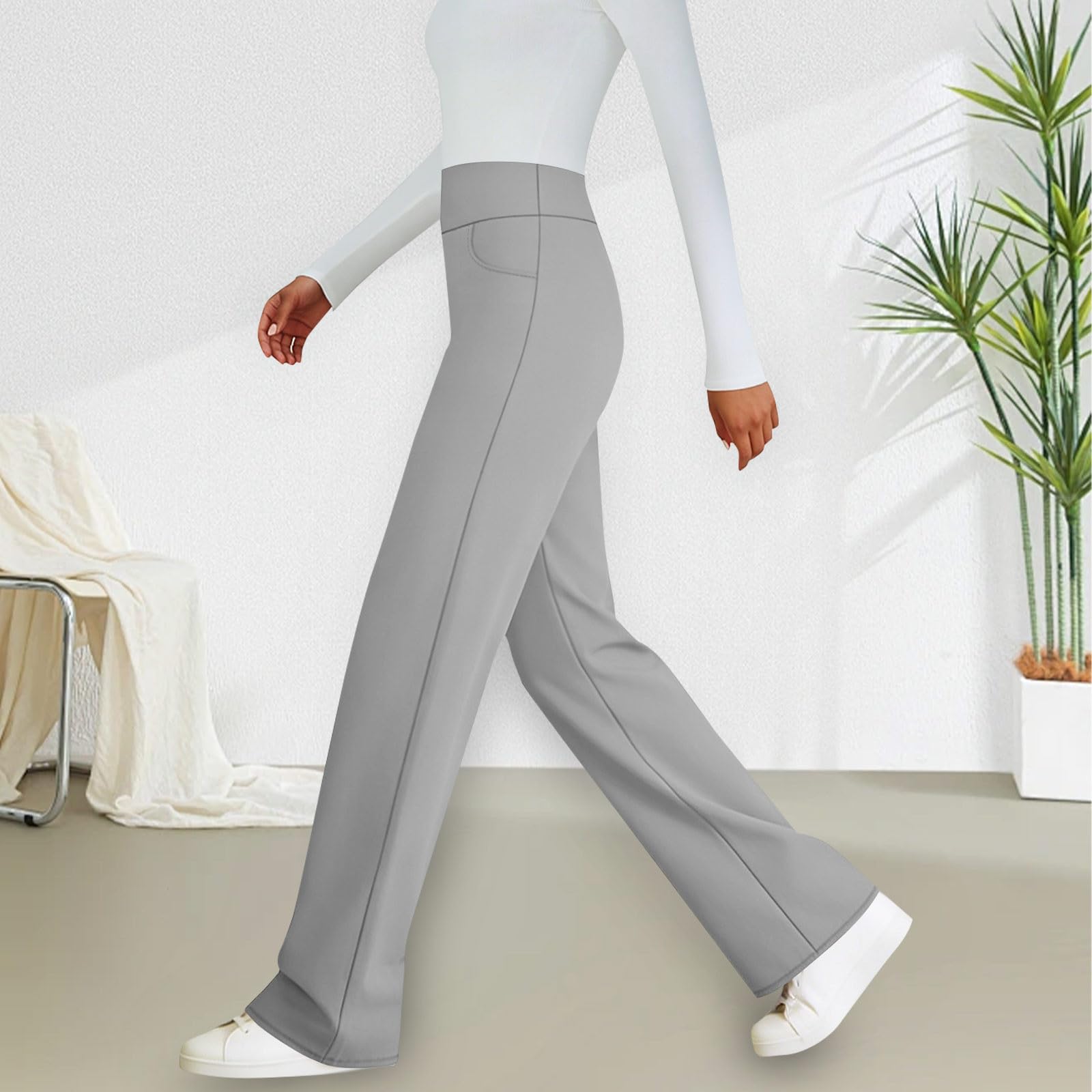 

Women Elastic High Waist Pant Casual Fit Wide Leg Long Pants Trousers With Pockets XXL