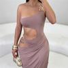 Europe and the United States new cross-border fashion banquet solid color temperament slim sexy hollow design long dress hip dress women