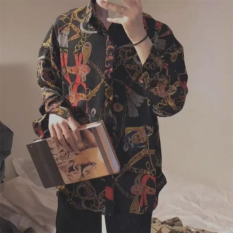 Men's Hong Kong-Style Retro Chain Print Loose Long-Sleeve Shirt