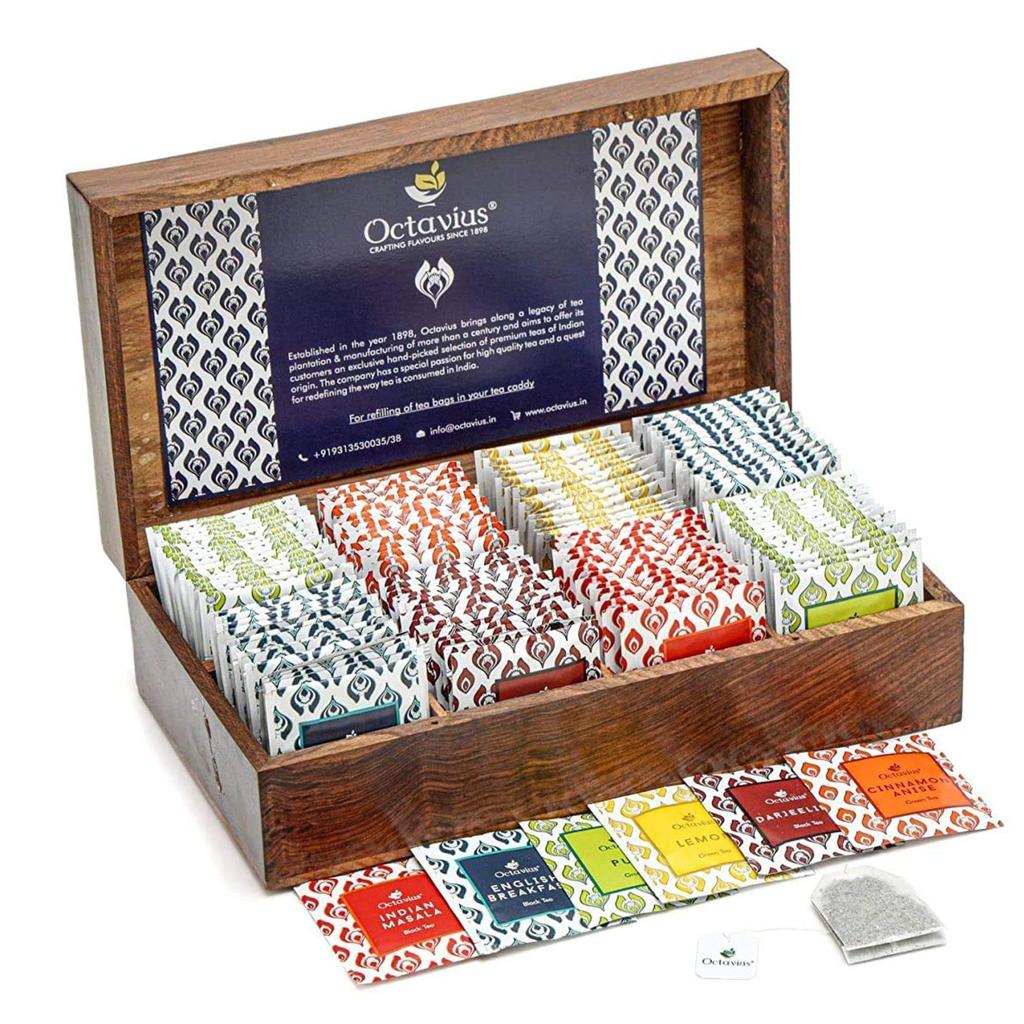 Octavius Dark Wood Gift Box with 120 Bags - Premium Assorted Black & Green Tea Infusion Collection | 6 Flavours (English Breakfast, Green, Darjeeli