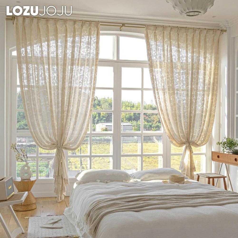 1PC LOZUJOJU Romantic and Exquisite French Hollow Transparent Tulle Beige Jacquard Sheer Curtain for Living Room Bedroom Balcony Window Home Decor