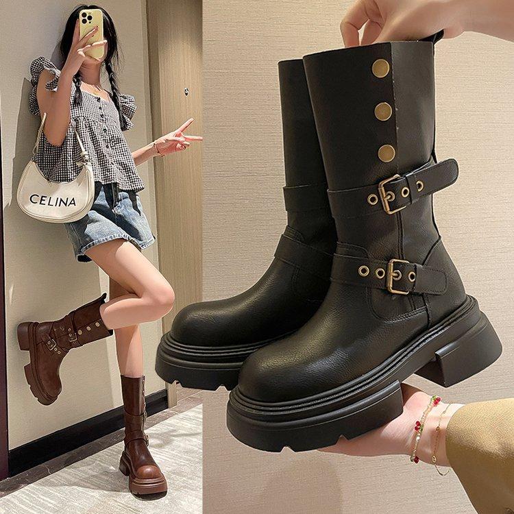 Cowhide version boots women's short boots 2025 new autumn super fire retro handsome thick heel fried street British style thin boots