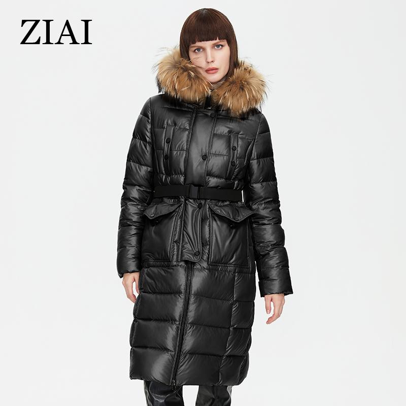 ziai Women's Winter Parka Warm Natural Fur Collar Long Jacket Padded Coats Thick Female Outwear Belt Coat Women ZR-7266