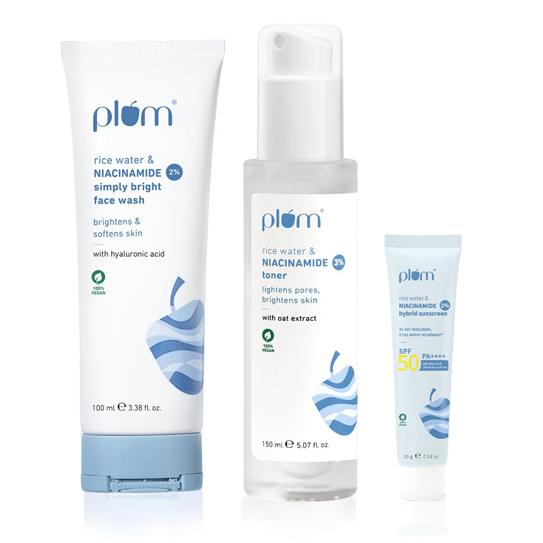 Plum Niacinamide Skincare Set 150 ml Toner + 100 ml Facewash + 15 g Sunscreen For Bright, Smooth Skin