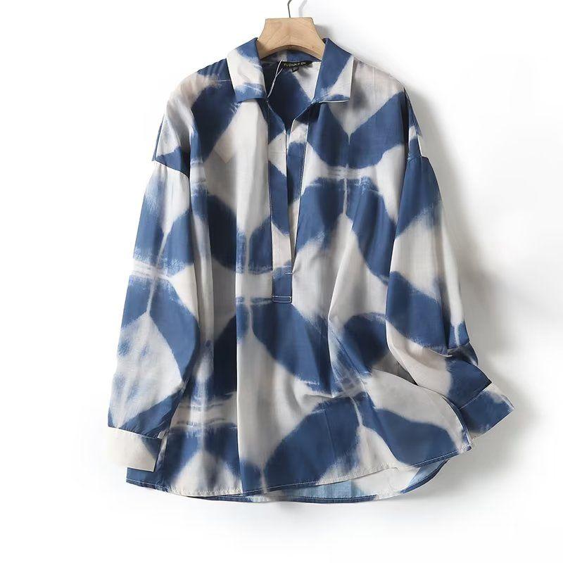 

MD Женская одежда Ранняя осень Новое поступление Классический стиль Воротник поло Художественный синий принт Рубашка с длинными рукавами 05101807407 Dark Blue L