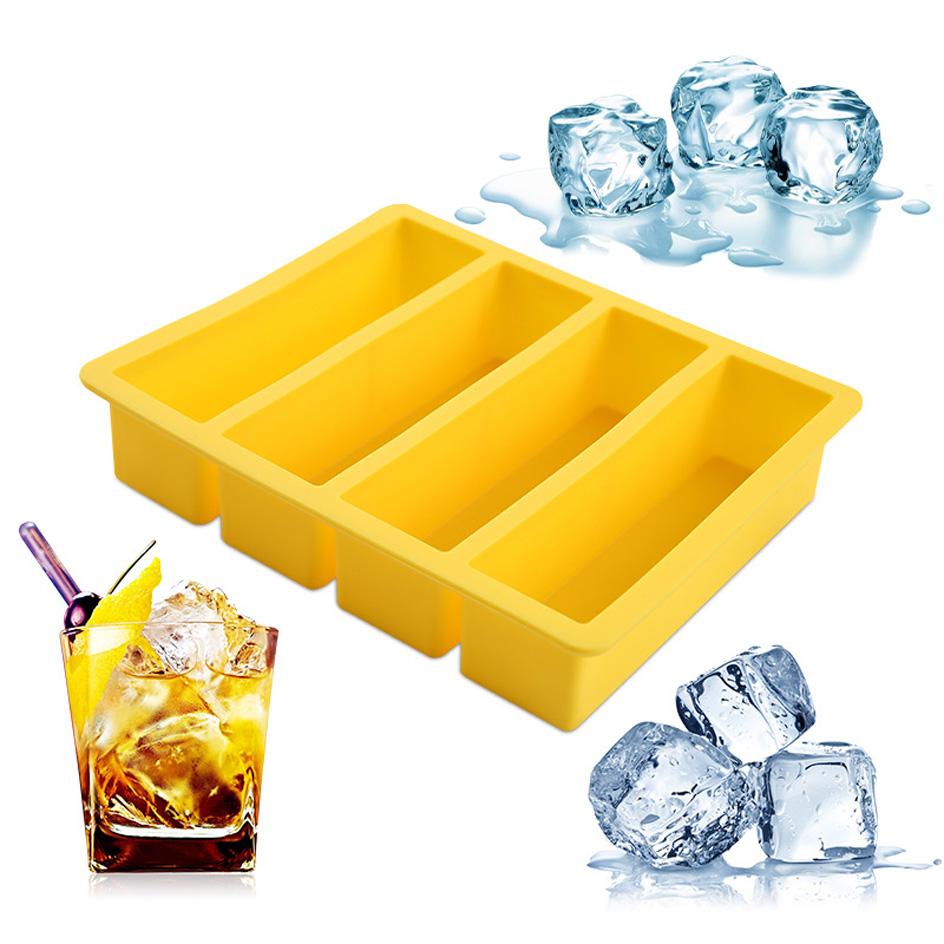 Silicone Ice Cube Tray Strip-shap Ice Cube Mold 4 Grid Large Ice Cubes Mould Non-toxic Durable Kitchen Items Cocktail Tools