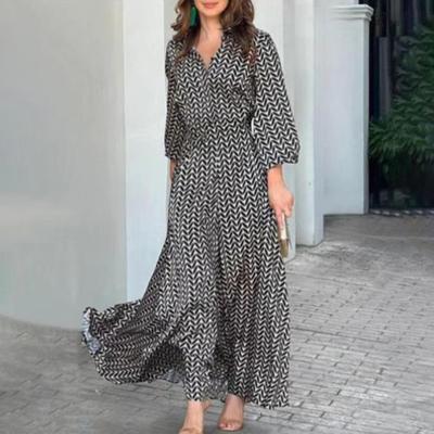 Damen-Maxikleid für den Sommer, V-Ausschnitt, langärmlig, fließendes A-Linien-Kleid, lässiges langes Strand-Sommerkleid für den täglichen Urlaub und Partys