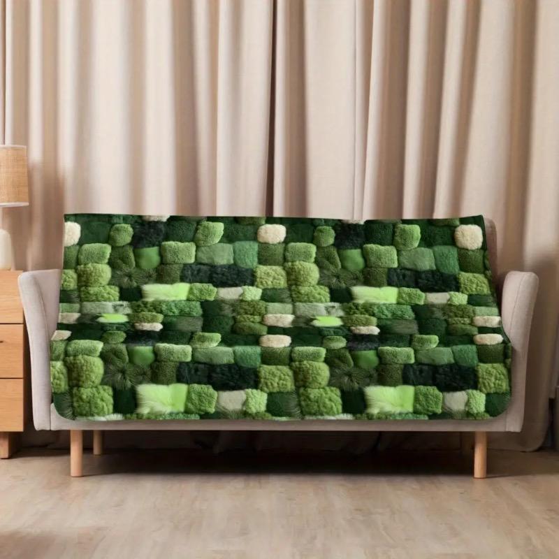 Super Soft Moss Green Blanket - Four Seasons Luxury Flannel Bed Cover with Thick Forest Texture Green and Brown Mosaic Patterns