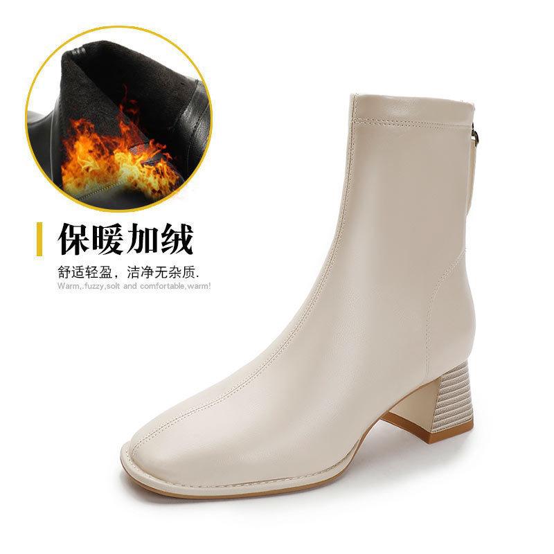 Square Head Short Boots Women's Single Boots New Autumn and Winter Boots Soft Leather Rear Zipper Middle Heel Medium Tube Thin Boots