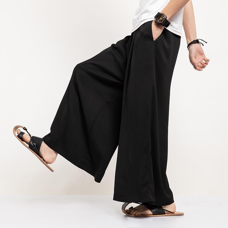 Men's Ice Silk Retro Chinese Style Drape Nine-Point Wide-Leg Pants