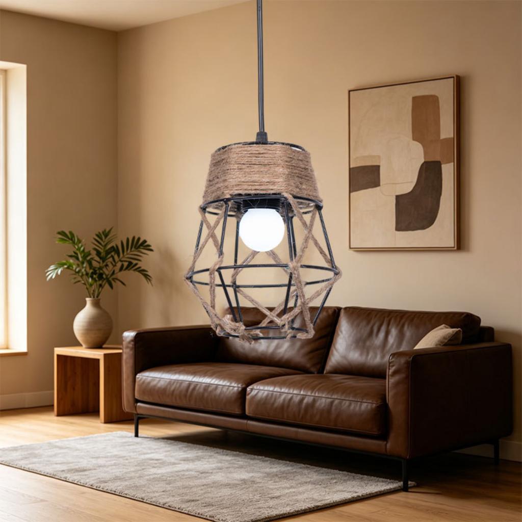 Handwoven Pendant Lamp Shade Rustic Style Decorative Light Fixture Cover with Metal Frame and Natural Fiber Weaving for Home Lighting