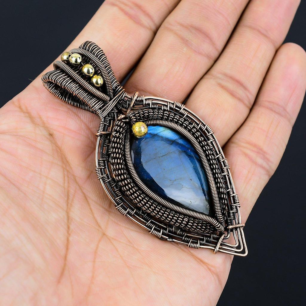 Blue Flash Labradorite Handmade Pendant, Natural Gemstone Jewelry, 999 Copper Wire Wrapped Pendant Jewelry, For Gift