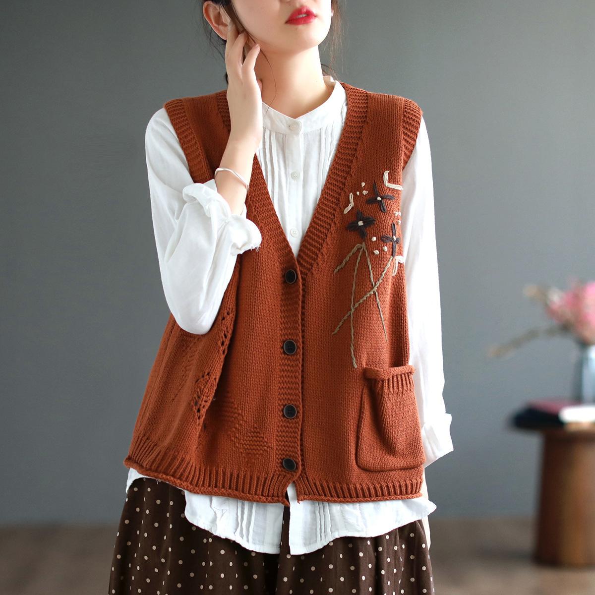 

Корейская мода ручной вязки свитер с цветочным карманом весна-лето женский жилет вязаный безрукавный топ винтажный жилет 2XL красный