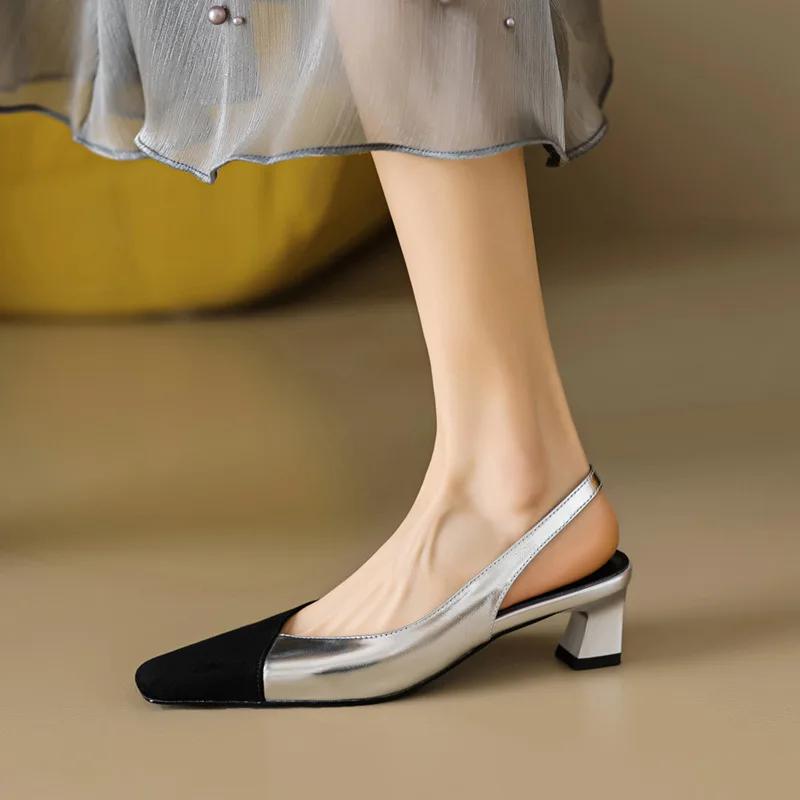 

Женские босоножки с квадратным носком, черные туфли-лодочки в стиле пэчворк, золотисто-серебристые туфли на среднем каблуке, летние женские туфли большого размера 41 1363N 35