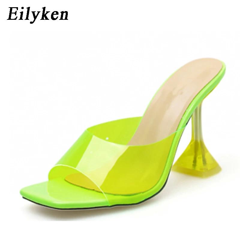 Fashion Eilyken Green PVC Jelly Slippers Open Toe Perspex Sike High Heels Crystal Women Transparent Sandals Pumps Shoes