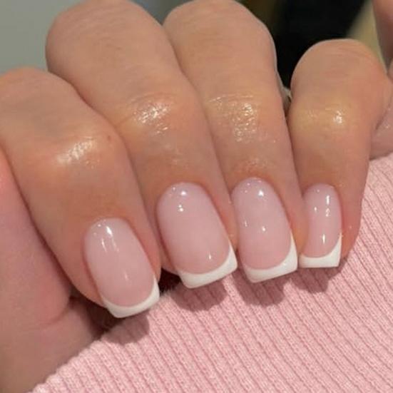 24PCS French Tips Nail Stickers, Full Coverage Square Pink False Nails, White Trim Glossy Press on Nails for Women