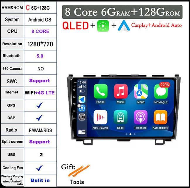 9 Lnch Android 14 For Honda CRV CR-V 3 RE 2006-2012 Car Radio GPS Navigation Multimedia Player Stereo Head Unit QLED Screen