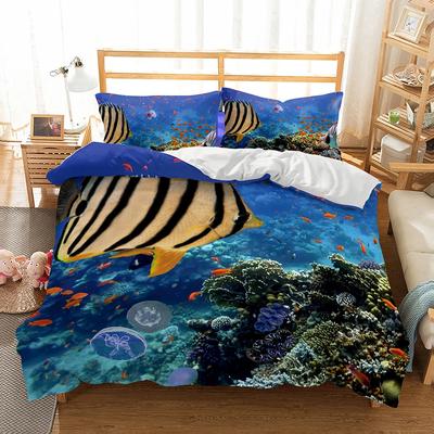 Bettwäsche Europäischer und Amerikanischer Stil Quilt-Set Bezug mit Kissenbezügen Kinder California King Bettwäschesets Unterwasserwelt Blau