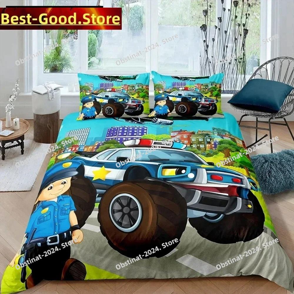 Copripiumino King Queen Auto della Polizia Set Biancheria da Letto Auto Cartone Animato Bambini Ragazzi Blu Grigio Veicoli di Emergenza Copripiumino in Poliestere
