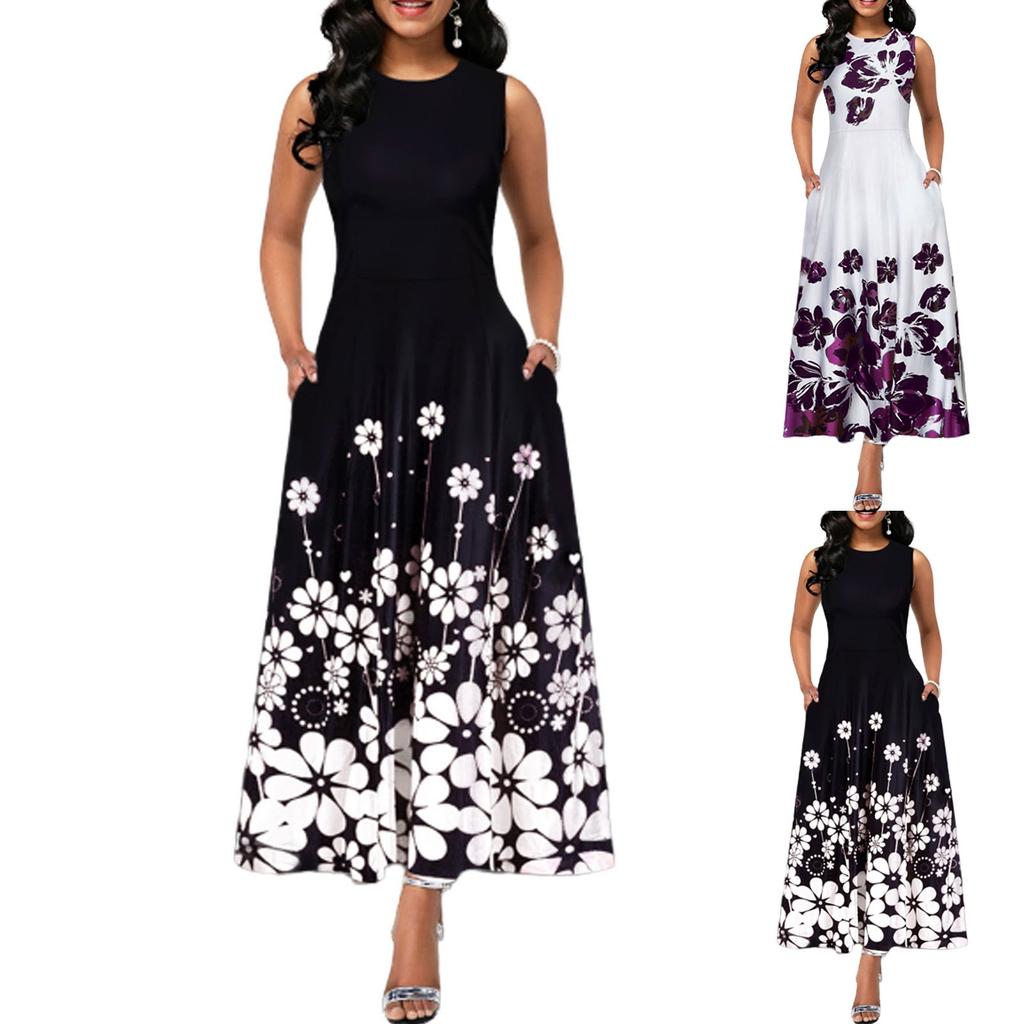 Women´s Boho Floral Vintage Maxi Dress Evening Party Beach Tunic Sleeveless Dress
