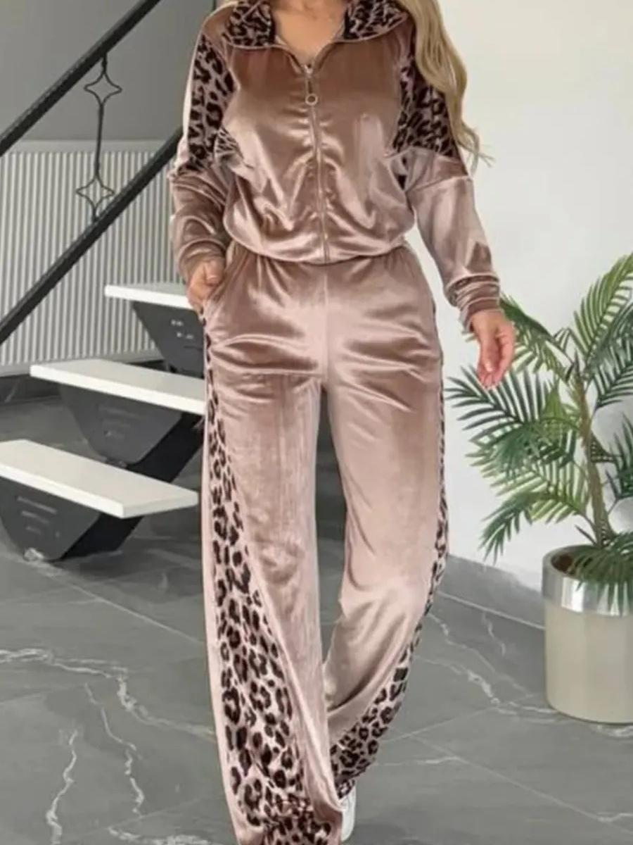 

Spring New Leopard Print Color Block Long Sleeve Sports Suit Set XXXL хакі