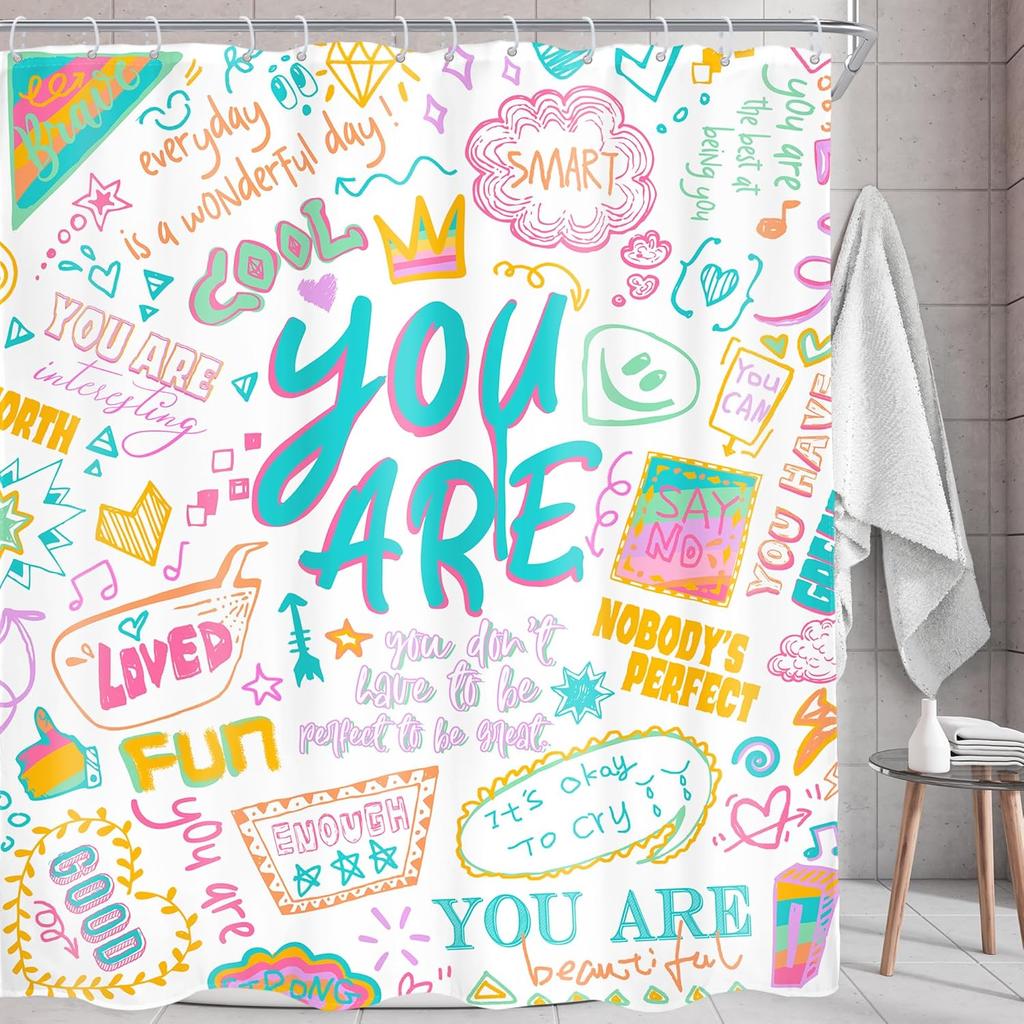 White Kids Quote Shower Curtain, Abstract Funny Teal Teen Inspirational Art Decor with Hooks